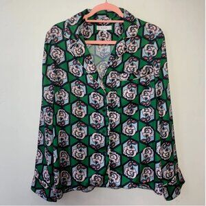 Milly Silky Green Floral Geo Printed Button Down Blouse